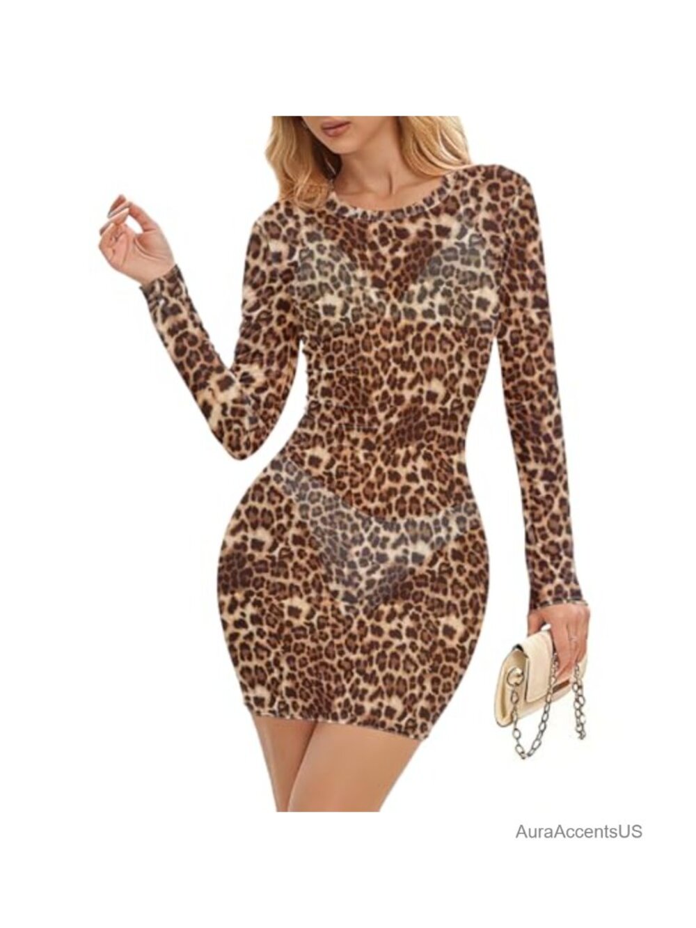 Sheer Mesh Cover Up Dress Long Sleeve Leopard Print Party Beach Maxi